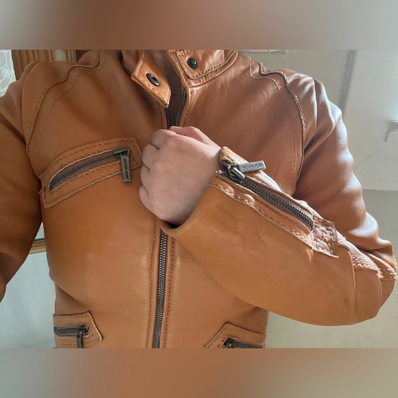 Michael KORS Leather Moto Jacket Biker Coat MK Khaki Cargo Zipper Retro City VTG - Picture 4 of 16